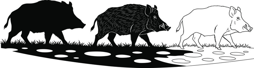 Wild boar silhouettes and detailed illustration walking in nature forest landscape wildlife animal vector design woodland hog art
