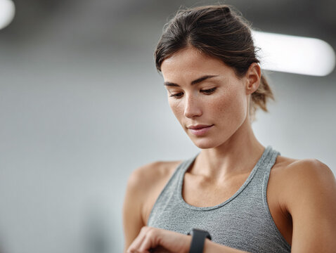 Woman checking fitness tracker during workout. Healthy lifestyle, wellness and technology concept. Perfect for health apps, articles, and gym promotions.