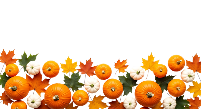 Autumn harvest pumpkins gourds and leaves isolated on transparent background