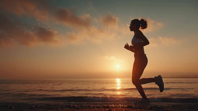 Woman running in beach during sunrise. Healthy fitness lifestyle exercise routine concept