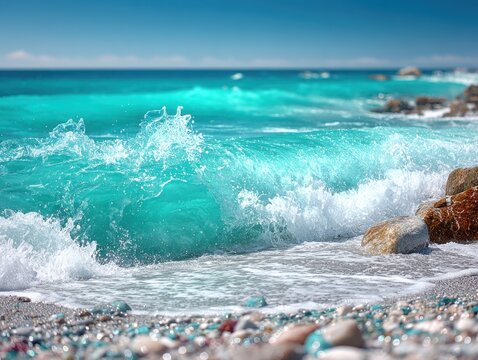 Turquoise ocean waves crashing on rocky beach under clear sky  