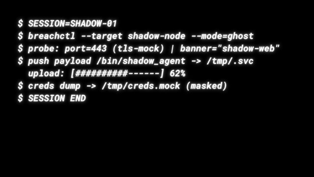 Mockup Hacker Terminal Screen with Cyber Attack Simulation terminal command. - White neon text