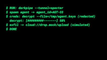 Mockup Hacker Terminal Screen with Cyber Attack Simulation terminal command. - Green neon text