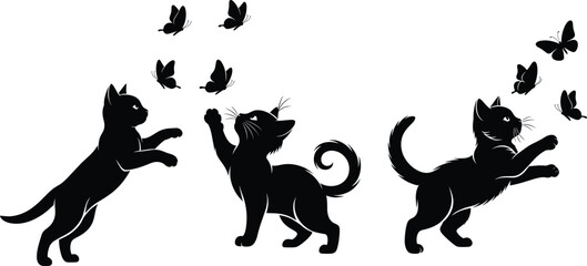 Playful black cat chasing butterflies in motion, cute pet animal silhouette vector illustration design showing curiosity, fun and lively movement