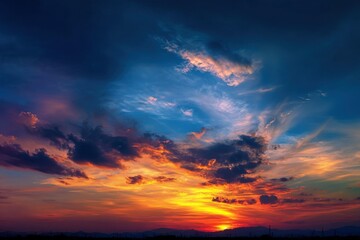 Fototapeta premium Stunning sunset sky panorama with vibrant colors and dramatic clouds over the horizon