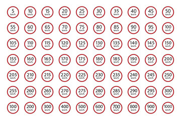 Detailed Vector Set of Road Speed Limit Sign Numbers (5 to 300 km/h) and High Multiples for Traffic, Education and Info graphic.