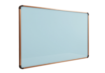 Isolated blank light blue whiteboard with a brown frame for writing, drawing or presentation