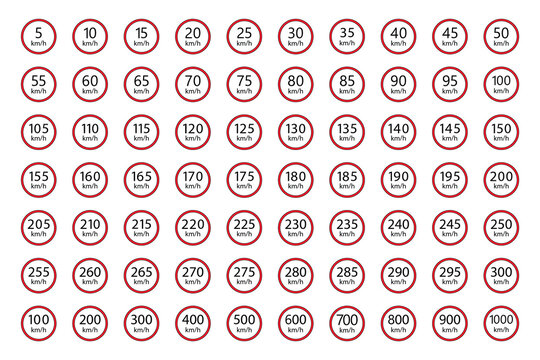 Detailed Vector Set of Road Speed Limit Sign Numbers (5 to 300 km/h) and High Multiples for Traffic, Education and Info graphic.