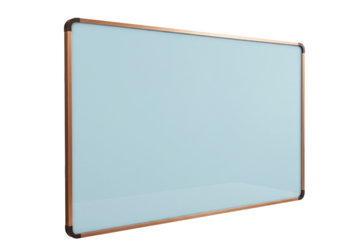 Isolated blank light blue whiteboard with a brown frame for writing, drawing or presentation