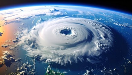 Powerful hurricane seen from space with a clearly defined eye, swirling clouds
