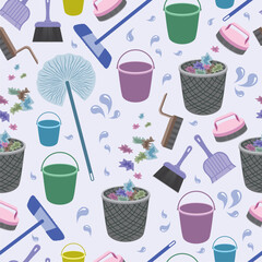 Vector seamless pattern on the theme of cleaning services, putting things in order, purity. Background with cartoon equipment and household chemicals on light background