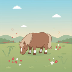 PonyPasturePlumFlowers (ポニーの牧草地と梅の花)