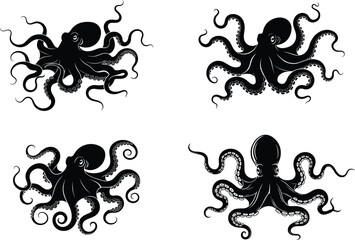 Four detailed octopus vector illustrations with swirling tentacles, marine wildlife concept, perfect for ocean design, underwater art, and sea creatures © Creative Vector