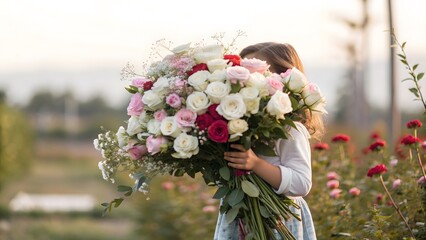 Little Girl Huge Roses Bouquet Garden Pastel Soft Light