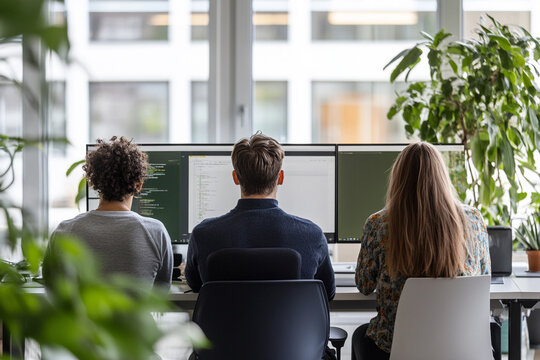 Diverse team of three professionals working together in a modern office environment collaborating on projects in front of multiple computer screens with natural light and greenery