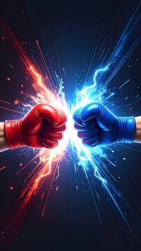 Two boxing gloves, one red and one blue, clash in a vibrant explosion of energy and color