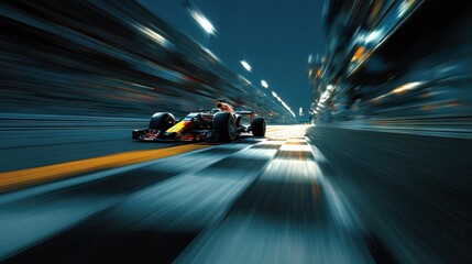 A formula one race car speeds across the finish line with motion blur and dynamic lighting at night