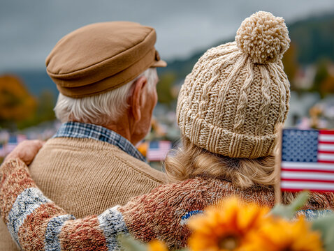 Senior Couple Embracing at Cemetery, American Flags and Flowers, Veterans Day