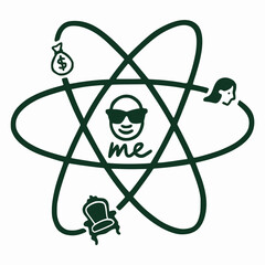 Egocentric or self-centered concept vector illustration, "me" as the center of the universe with money, women, and status in orbit.