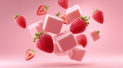 Fresh Strawberries Hovering Above Ice Cubes on a Pink Background