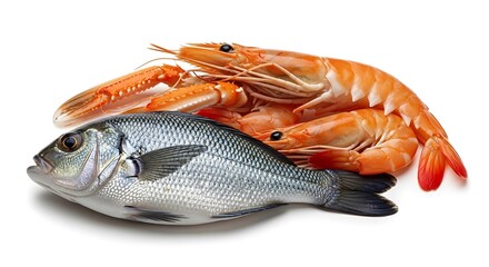 Fresh seafood assortment with fish and shrimp on white background