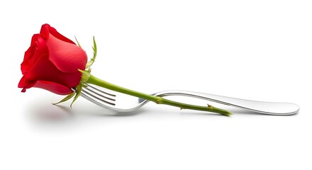 Red rose resting on a silver fork isolated on white