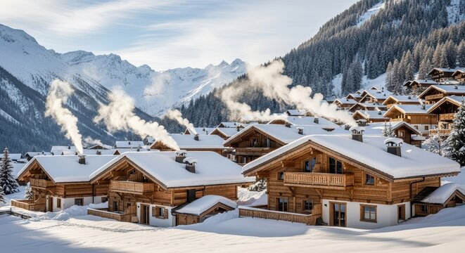 Snow-covered alpine village with wooden chalets and winter mountain landscape