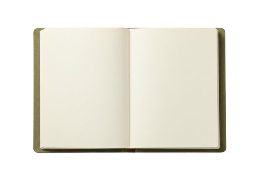 Isolated open blank book on solid surface with textured cover ready for creative work