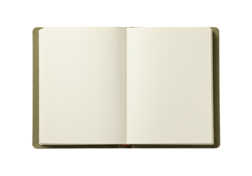 Isolated open blank book on solid surface with textured cover ready for creative work