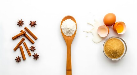Baking ingredients arranged artfully on a white surface