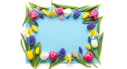 Spring flower border around a light blue square card