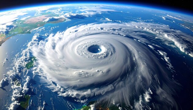 Powerful hurricane seen from space with a clearly defined eye, swirling clouds