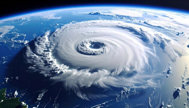 Powerful hurricane seen from space with a clearly defined eye, swirling clouds