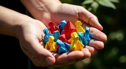 Hands cradling a colorful group of small people figurines