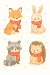 Naklejka premium Cute woodland animals in winter scene fox raccoon hedgehog on light festive background