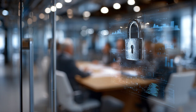 Digital padlock hologram symbolizing cybersecurity and data protection in the office, blurred business professionals background discussing secure information systems