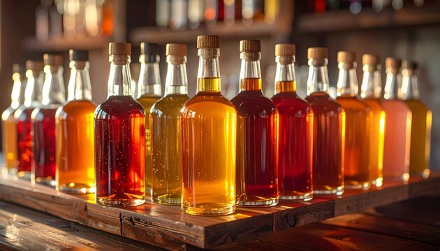 A vibrant display of assorted bottled beverages on a rustic wooden shelf in a cozy bar setting