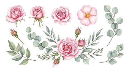 Elegant pink roses and eucalyptus botanical illustration set