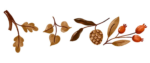 Autumnal forest foliage leaves set. Hand drawn watercolor fall autumn collection on isolated background. September, october, November Thanksgiving