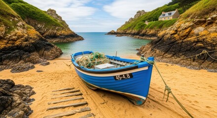 Tranquil coastal cove with blue fishing boat on sandy beach and rocky cliffs