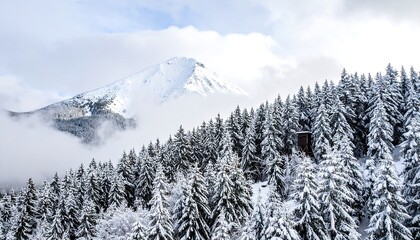 Snowy mountain range with dense pine forest