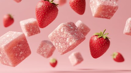 Fresh Strawberries and Candy Cubes on Pink Background