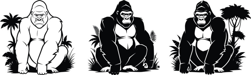 Powerful gorilla silhouette vector illustration set showing jungle wildlife animal poses with tropical nature background design for zoo artwork