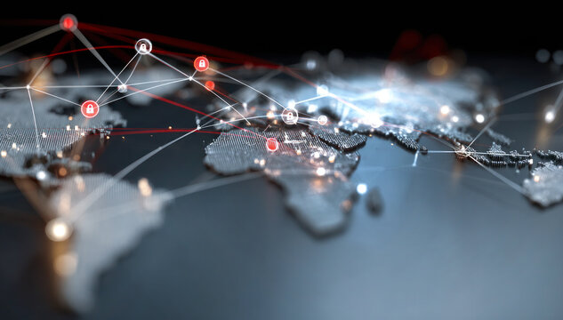 Global cybersecurity network concept showing interconnected padlocks across a world map, symbolizing data protection and secure digital across international connections