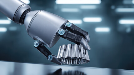 精密ロボットハンドがチタン歯車を把持する / Robotic Hand Gripping Titanium Gear Close-up
