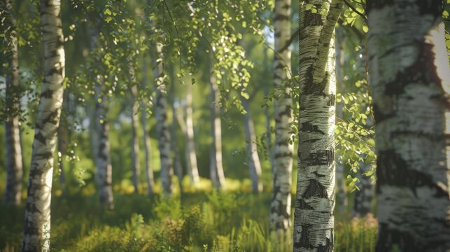 Birch grove in the sunlight. Trunks with white bark and green leaves. A spring or summer landscape.
