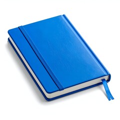 A vibrant blue notebook with a textured cover, resting on a clean white surface, ideal for note-taking