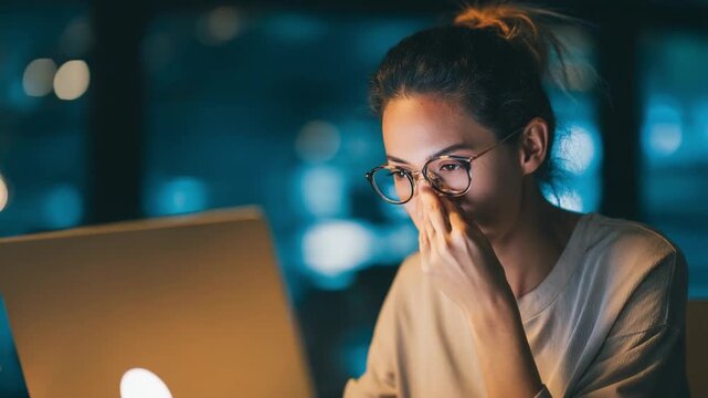 Midnight Musings: A focused individual, illuminated by the glow of a laptop screen, contemplates intently in the late hours. Evoking a sense of deep thought and focused determination.