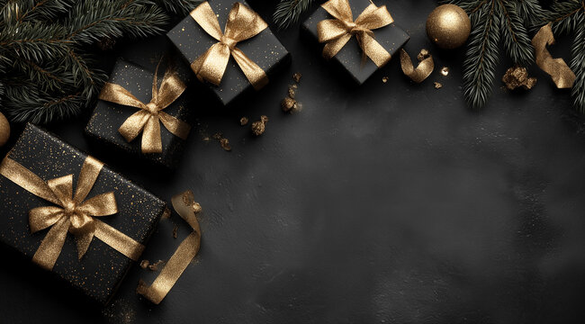 Navidad elegante en negro y dorado, evocando lujo moderno, contraste visual y atm&oacute;sfera festiva refinada.Regalos negros con lazos dorados rodeados de ramas, esferas y confeti sobre fondo oscuro.