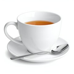 Fototapeta premium A steaming cup of tea on a saucer with a silver spoon, set against a simple white background